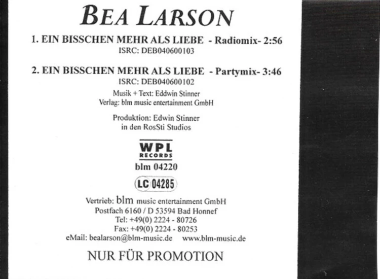 CD, Single, Promo Bea Larson - Ein Bisschen Mehr Als Liebe ansehen