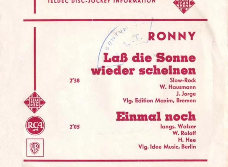 "7"", Single, Promo Ronny (4) - Laß Die Sonne Wieder Scheinen / Einmal Noch" ansehen