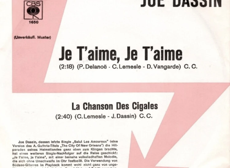 "7"", Single, Promo Joe Dassin - Je T'Aime, Je T'Aime / La Chanson Des Cigales" ansehen